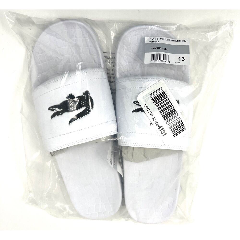 Lacoste Fraisier BIG CROC Slides WHITE BLACK Sandals Mens Size 13 NWT In Bag - Picture 5 of 7